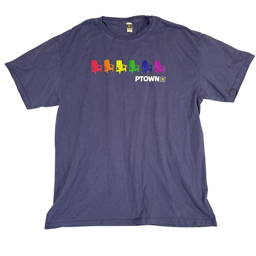 HRC Human Rights Campaign PTOWN Provincetown Rainbow Chair T-Shirt Navy Blue L